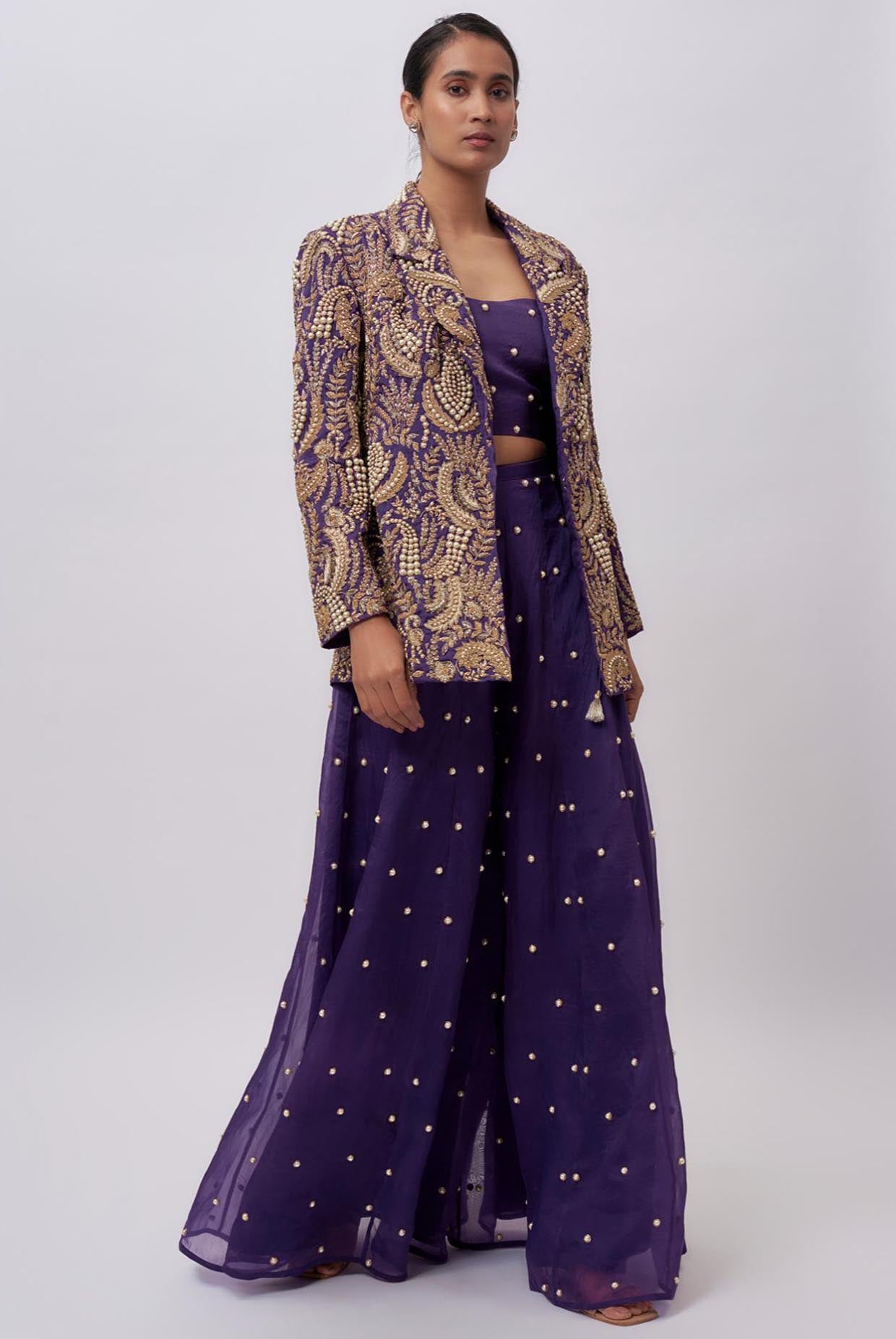 Purple Organza Embroidered Blazer With Embroidered Bustier And Sharara.