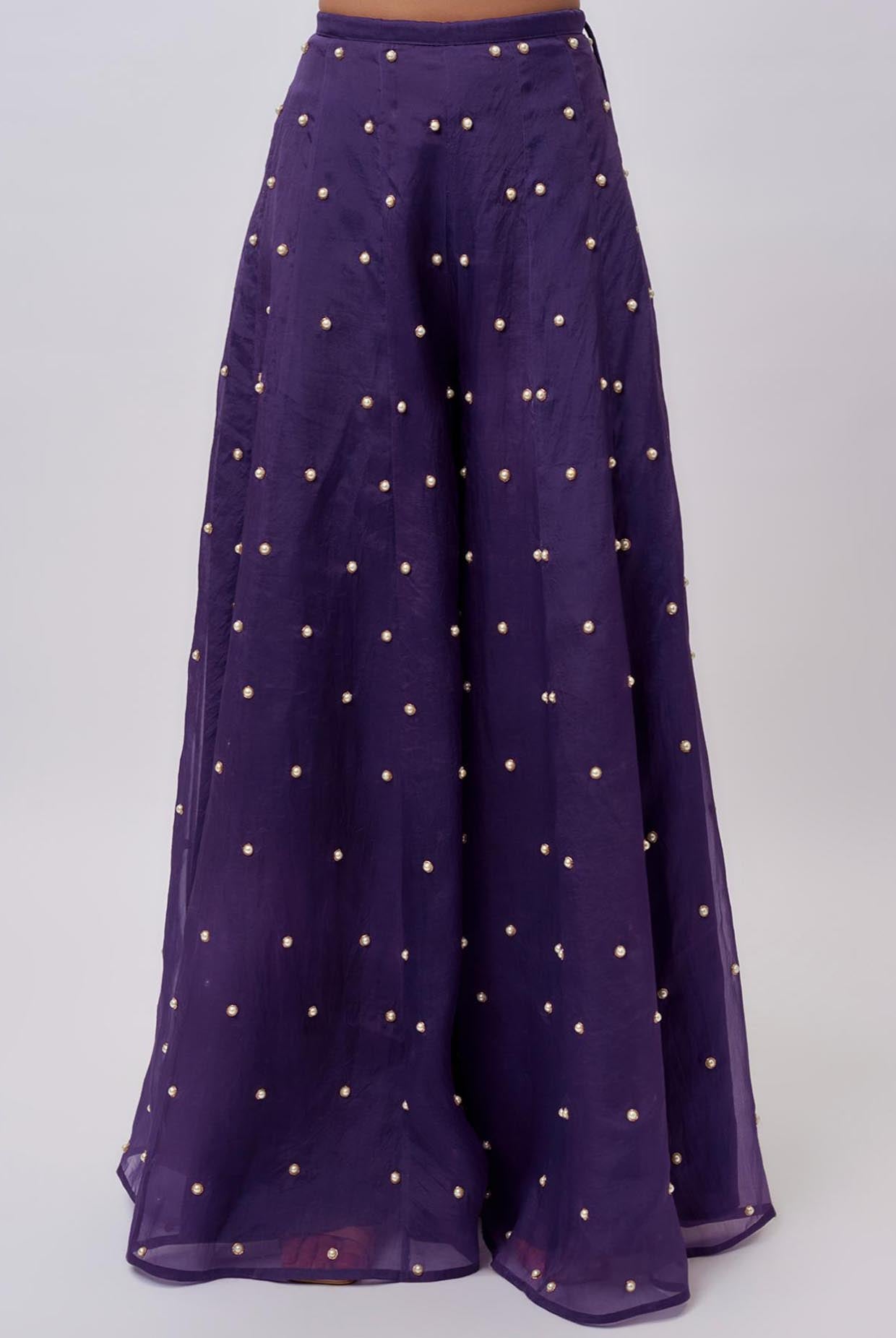 Purple Organza Embroidered Blazer With Embroidered Bustier And Sharara.