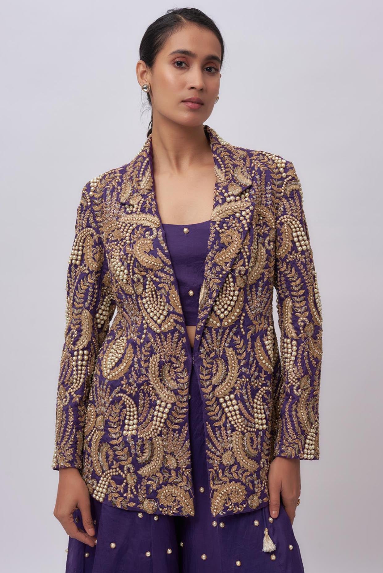 Purple Organza Embroidered Blazer With Embroidered Bustier And Sharara.