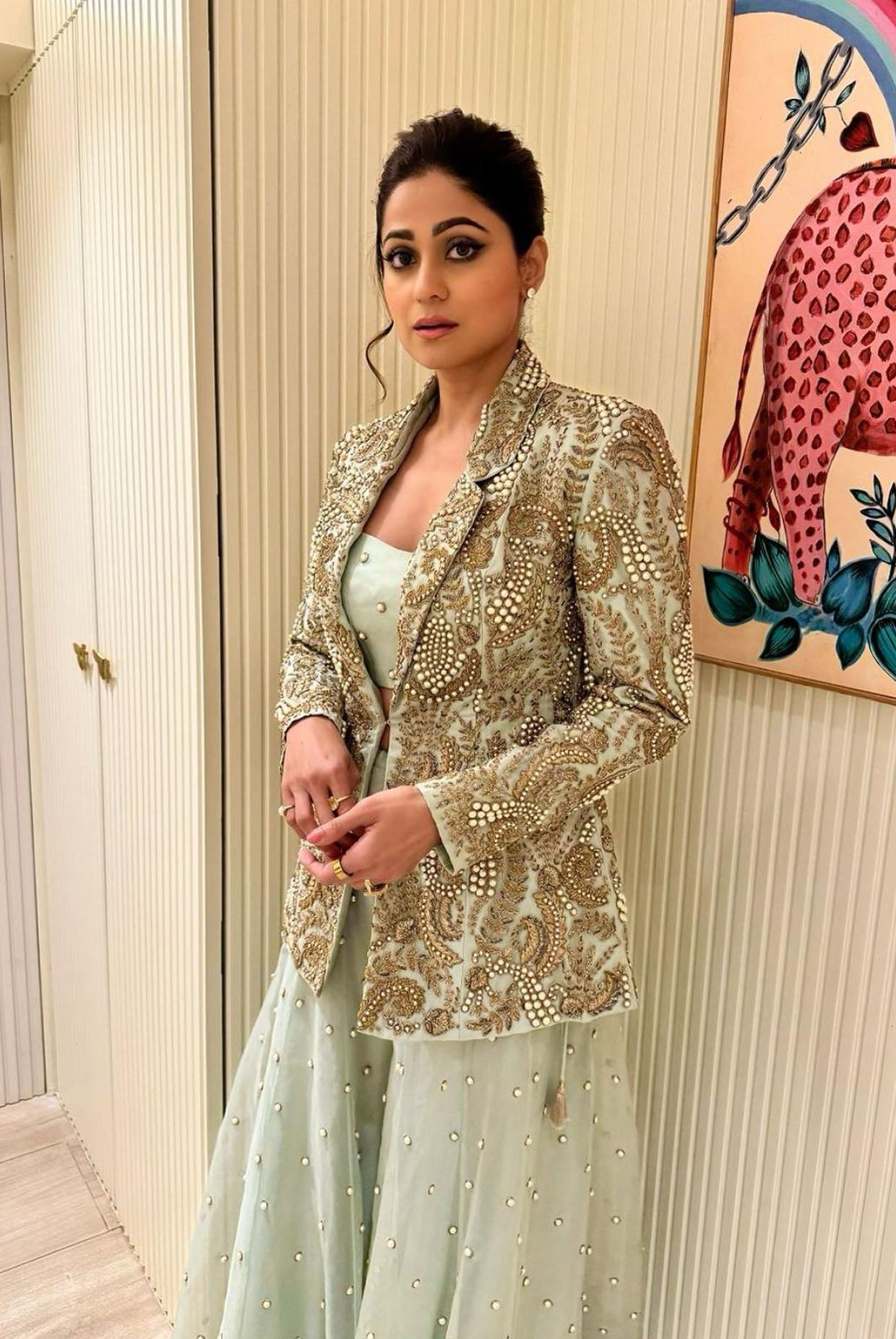 Shazia Mint Embroidered Blazer And Bustier With Sharara