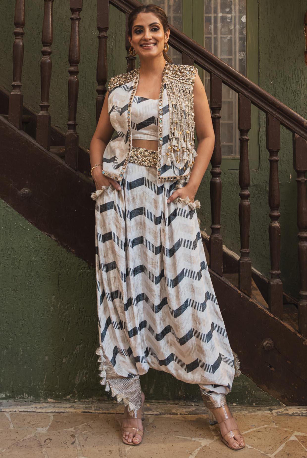 Beige And Black Ladder Chevron Print Velvet Bustier With Embroidered Jacket And Low Crotch Pants