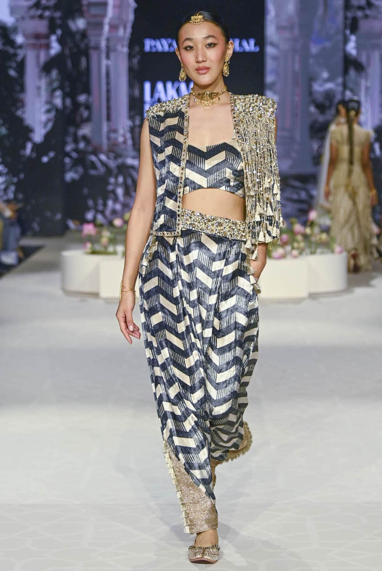 Fida Ladder Print Waist Coat With Bustier And Low Crotch Pant
