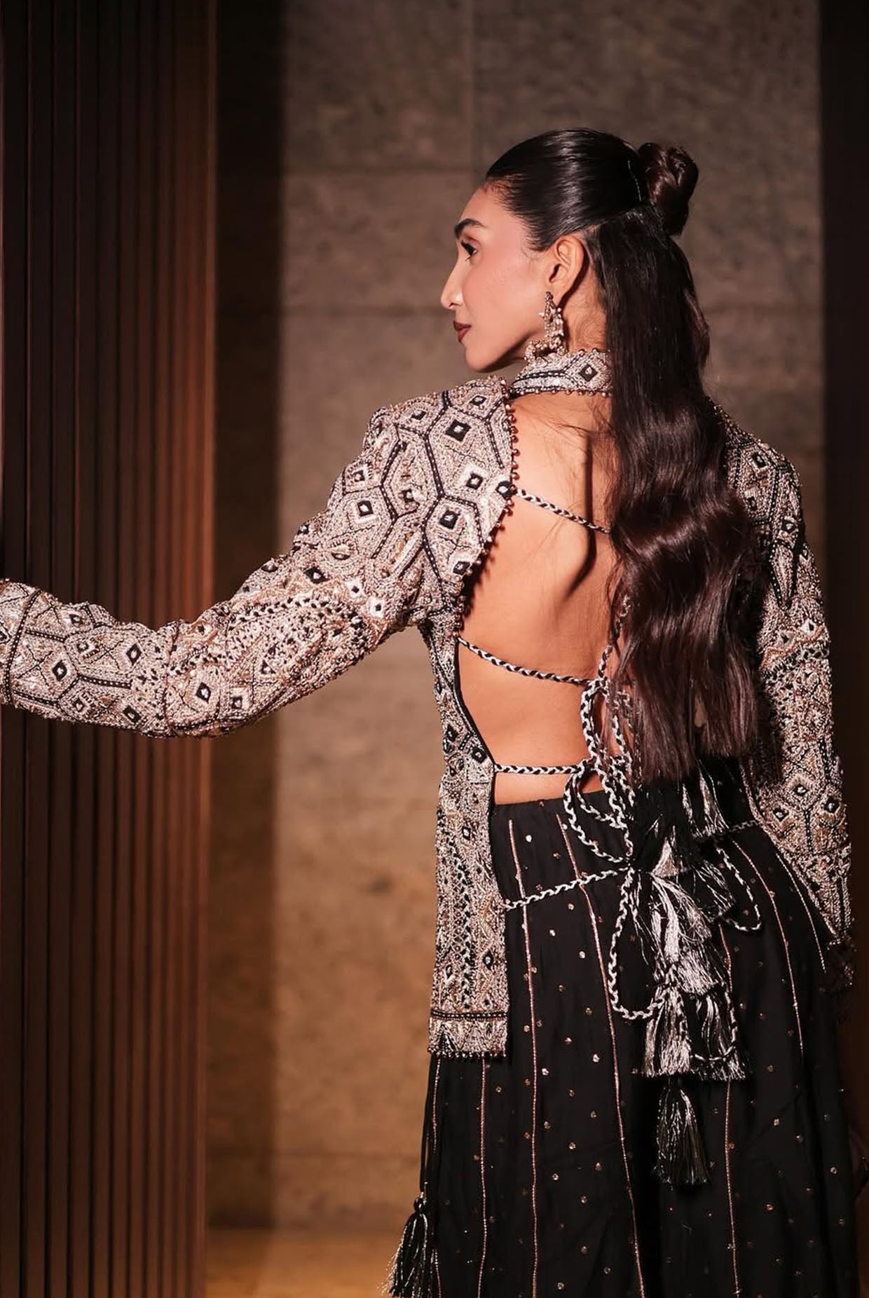 Black Georgette Embroidered Backless Jacket And Sharara