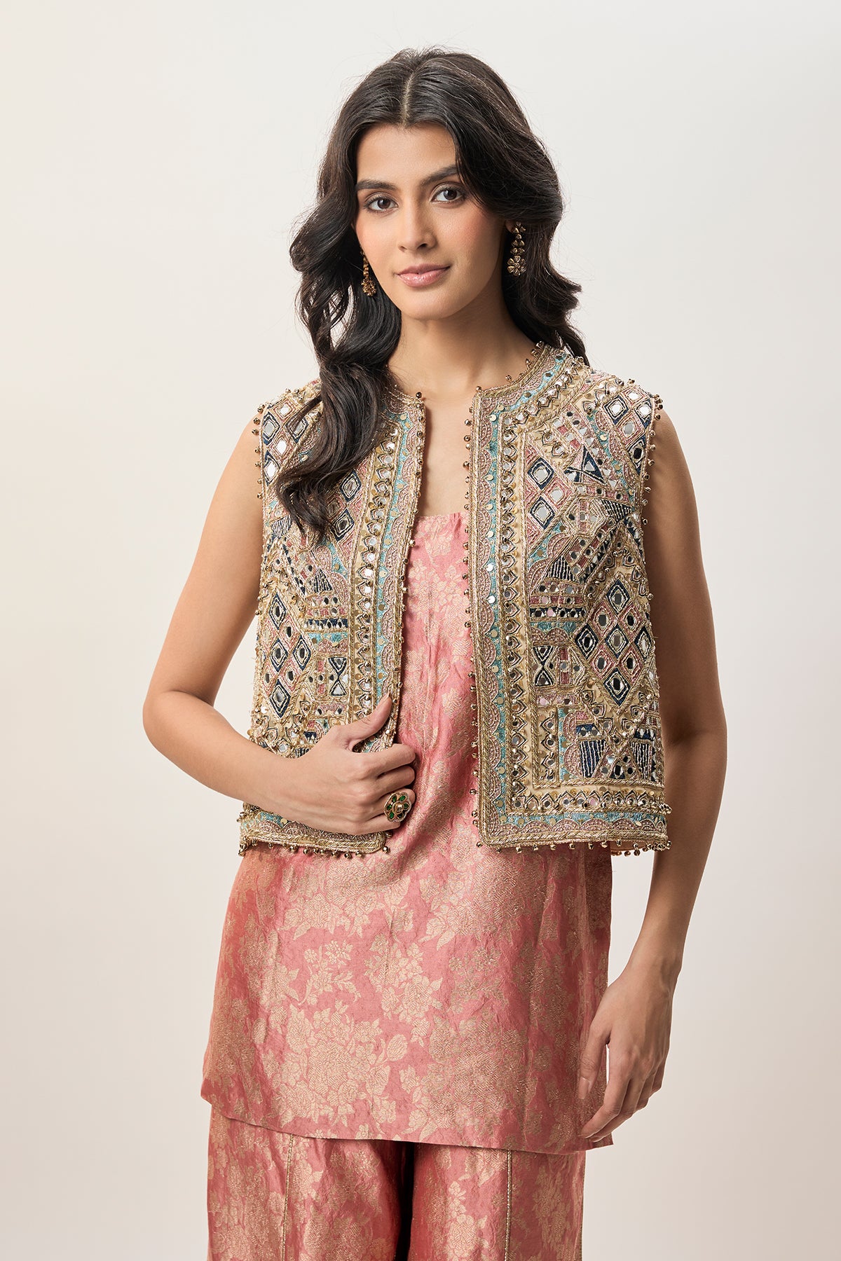 Iza Stone Georgette Embroidered Waist Coat With Rust Pink Banarasi Brocade Kurta And Pant