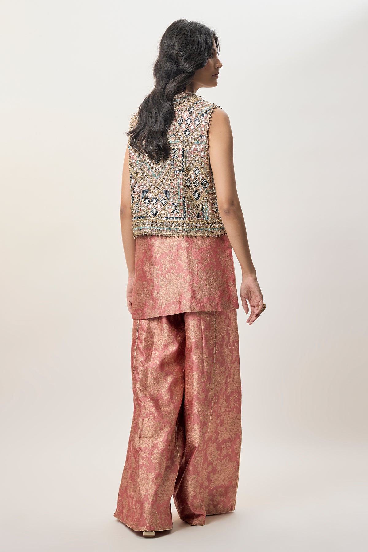Iza Stone Georgette Embroidered Waist Coat With Rust Pink Banarasi Brocade Kurta And Pant