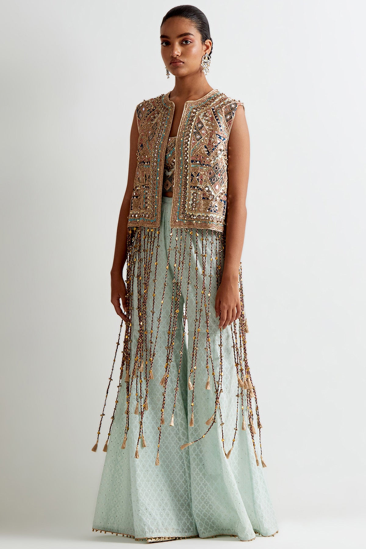 Sea Blue Georgette Embroidered Jacket With Embroidered Bustier And Silk Katarwa Sharara