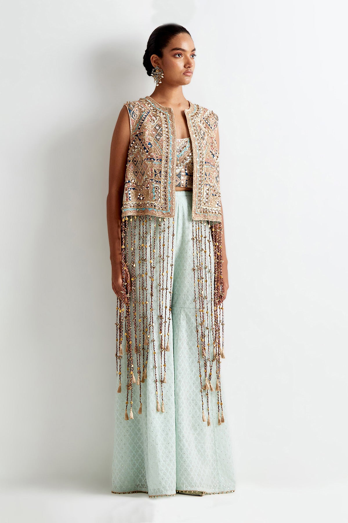Sea Blue Georgette Embroidered Jacket With Embroidered Bustier And Silk Katarwa Sharara