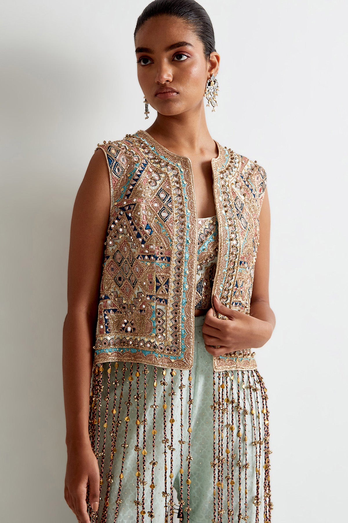 Sea Blue Georgette Embroidered Jacket With Embroidered Bustier And Silk Katarwa Sharara