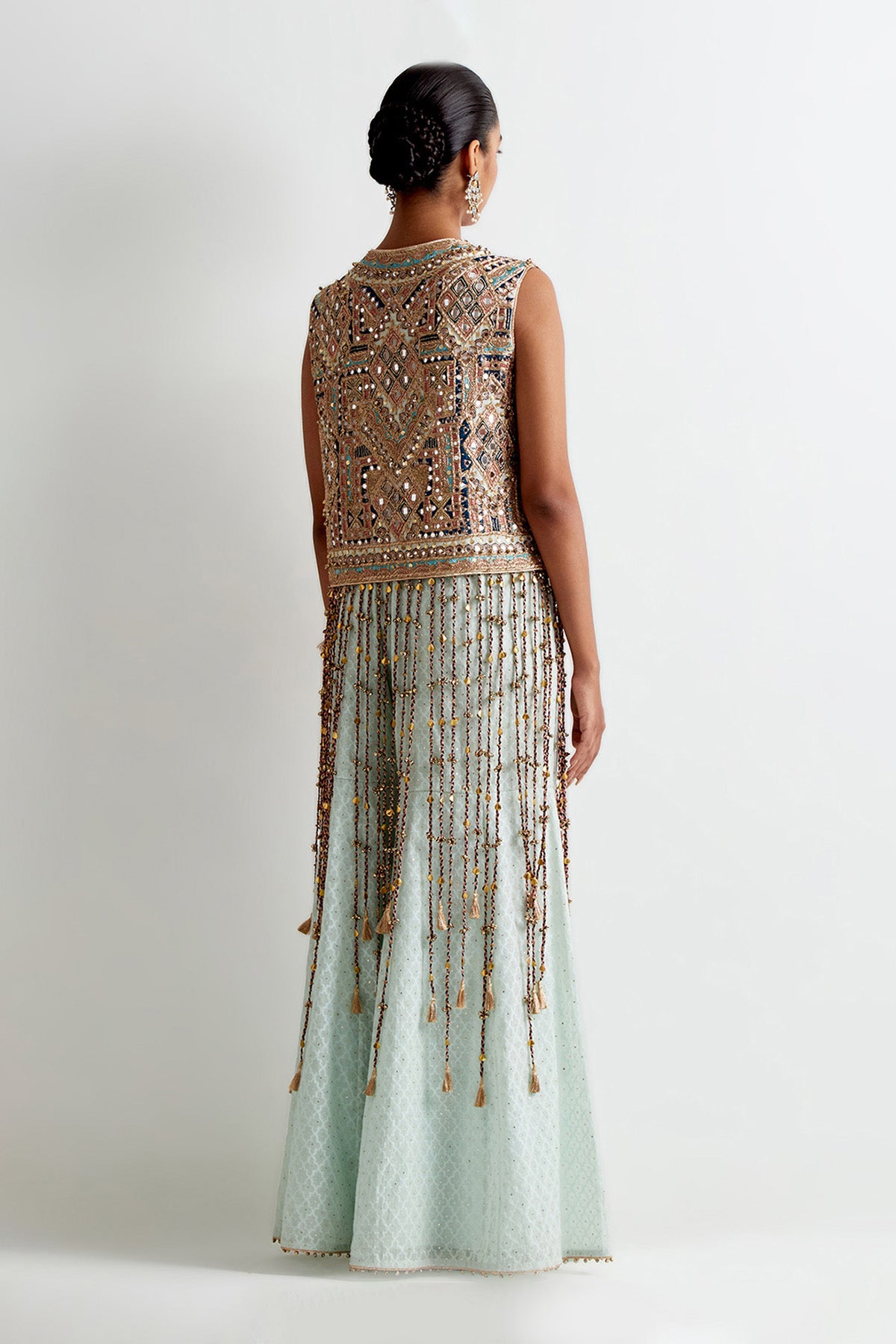 Sea Blue Georgette Embroidered Jacket With Embroidered Bustier And Silk Katarwa Sharara