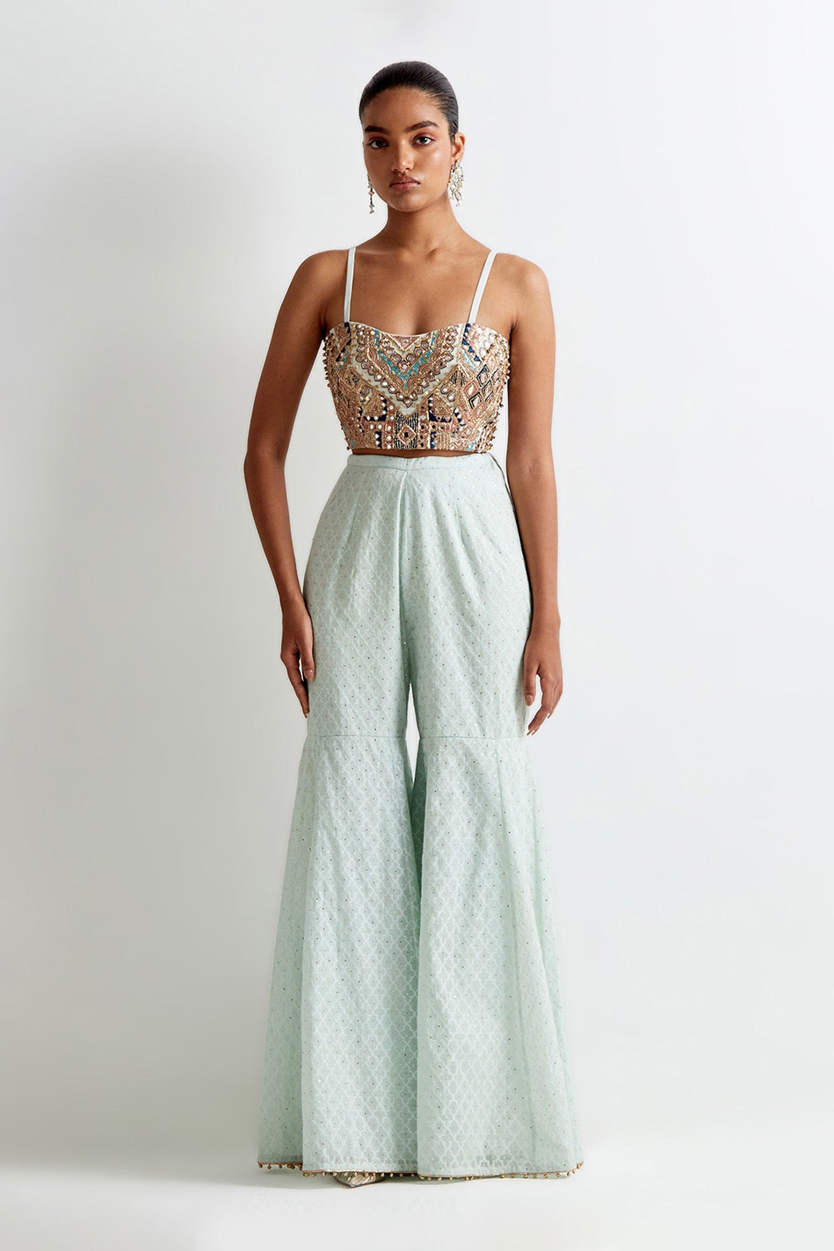 Sea Blue Georgette Embroidered Jacket With Embroidered Bustier And Silk Katarwa Sharara
