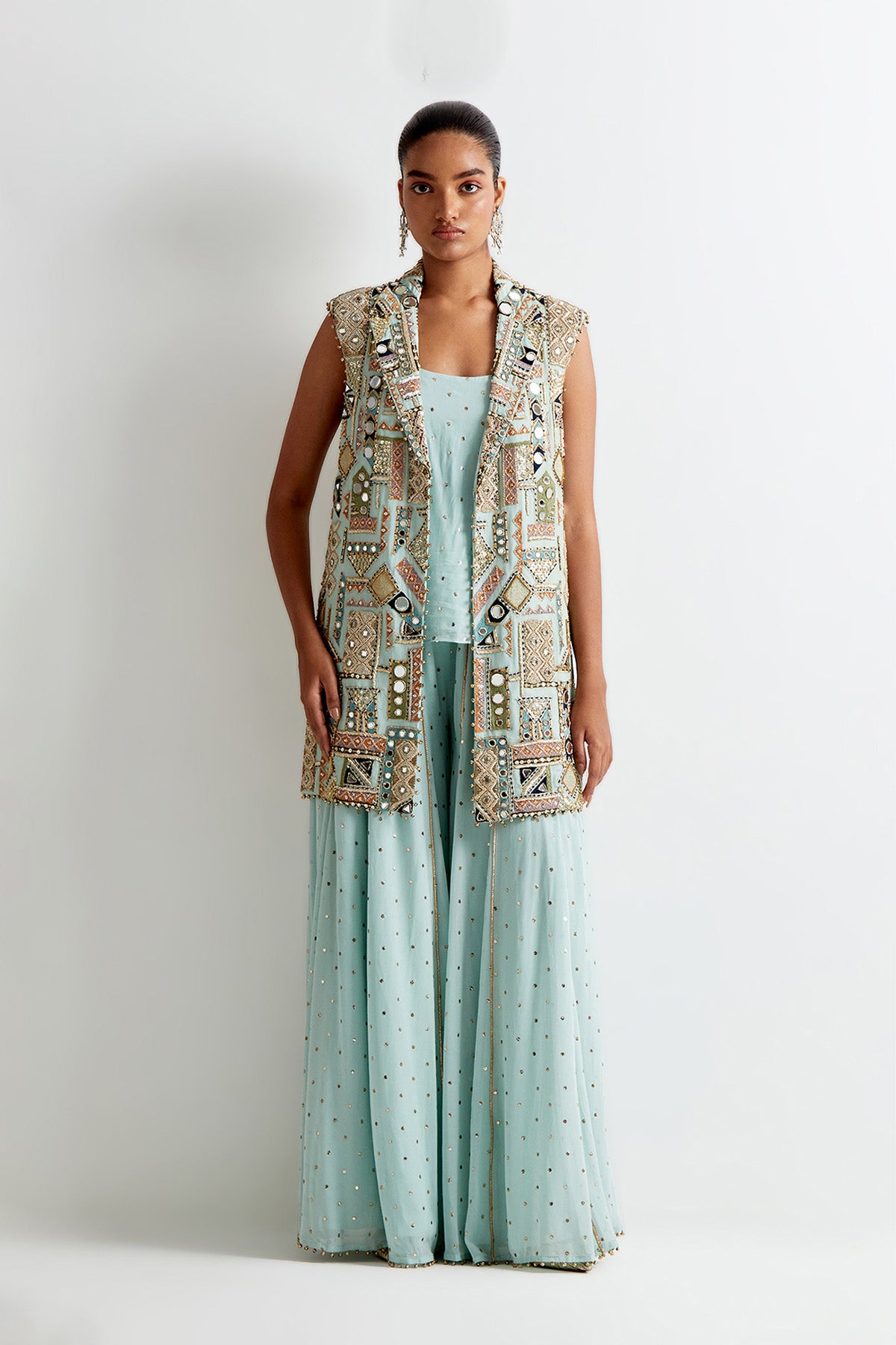 Sea Blue Georgette Embroidered Jacket With Mukaish Georgette Camisole And Sharara
