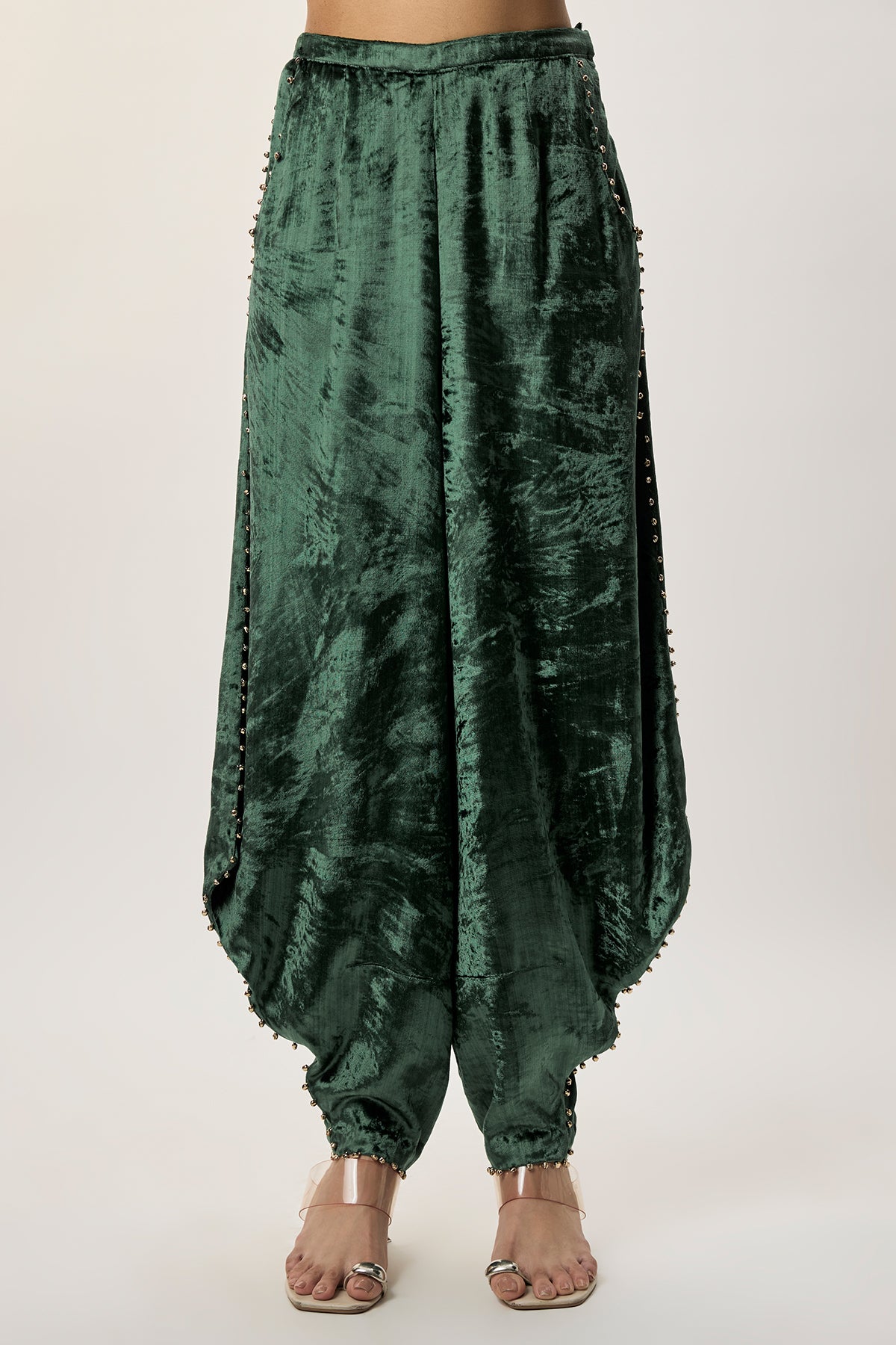 Delnaz Emerald Green Georgette Embroidered Sleeveless Jacket And Velvet Balloon Pants