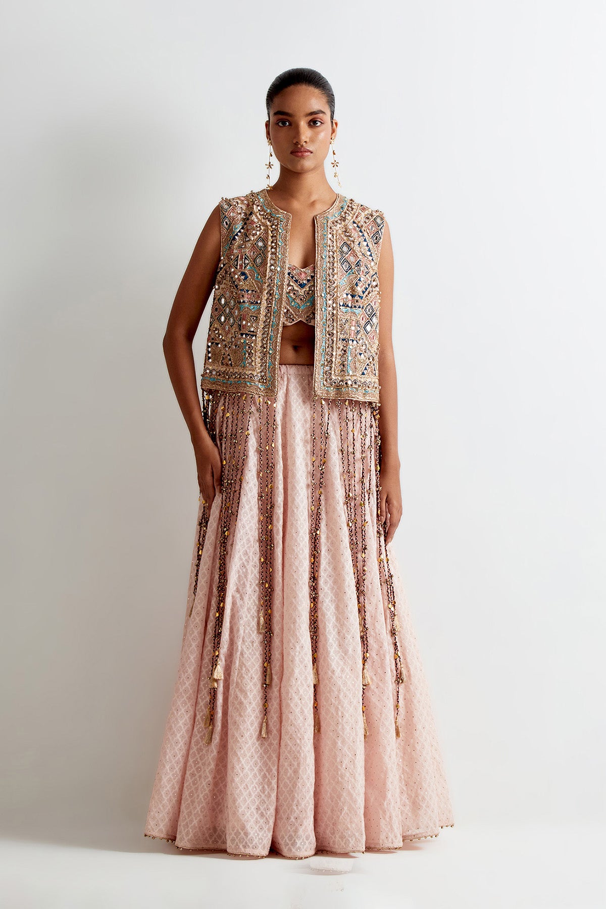 Blush Pink Georgette Embroidered Jacket And Bustier With Silk Katarwa Lehenga
