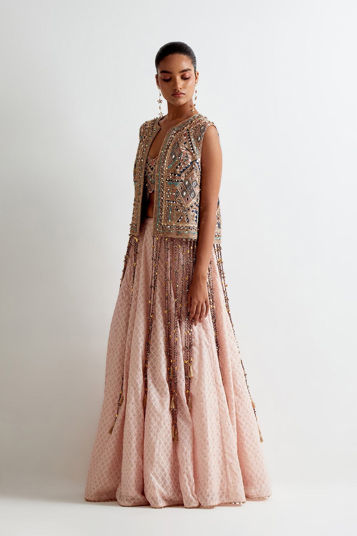 Blush Pink Georgette Embroidered Jacket And Bustier With Silk Katarwa Lehenga