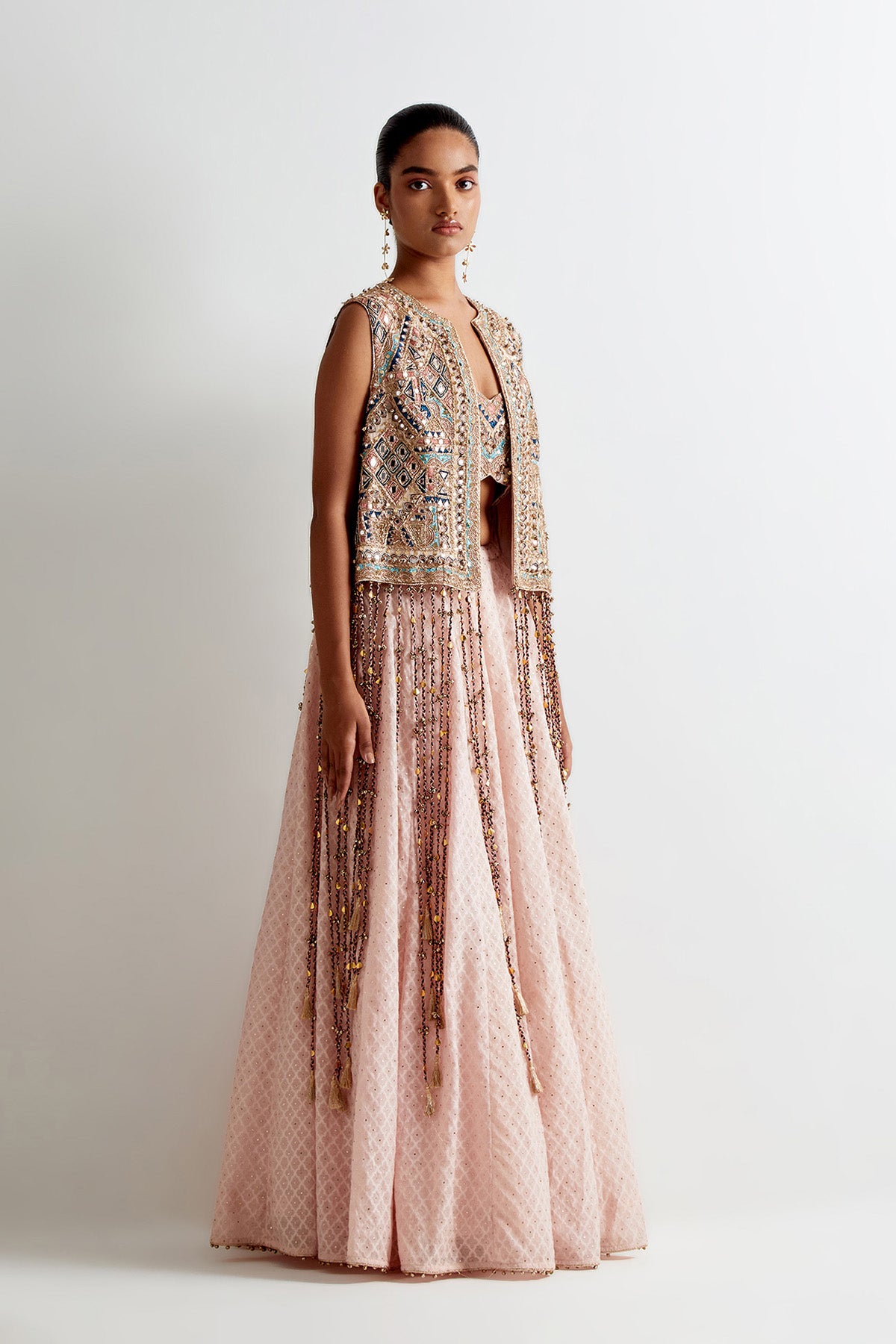 Blush Pink Georgette Embroidered Jacket And Bustier With Silk Katarwa Lehenga