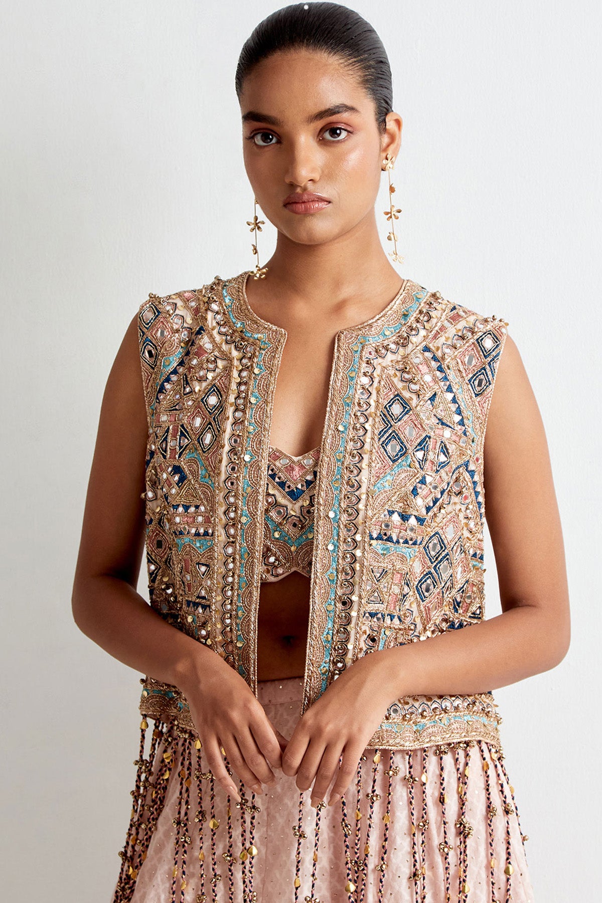 Blush Pink Georgette Embroidered Jacket And Bustier With Silk Katarwa Lehenga