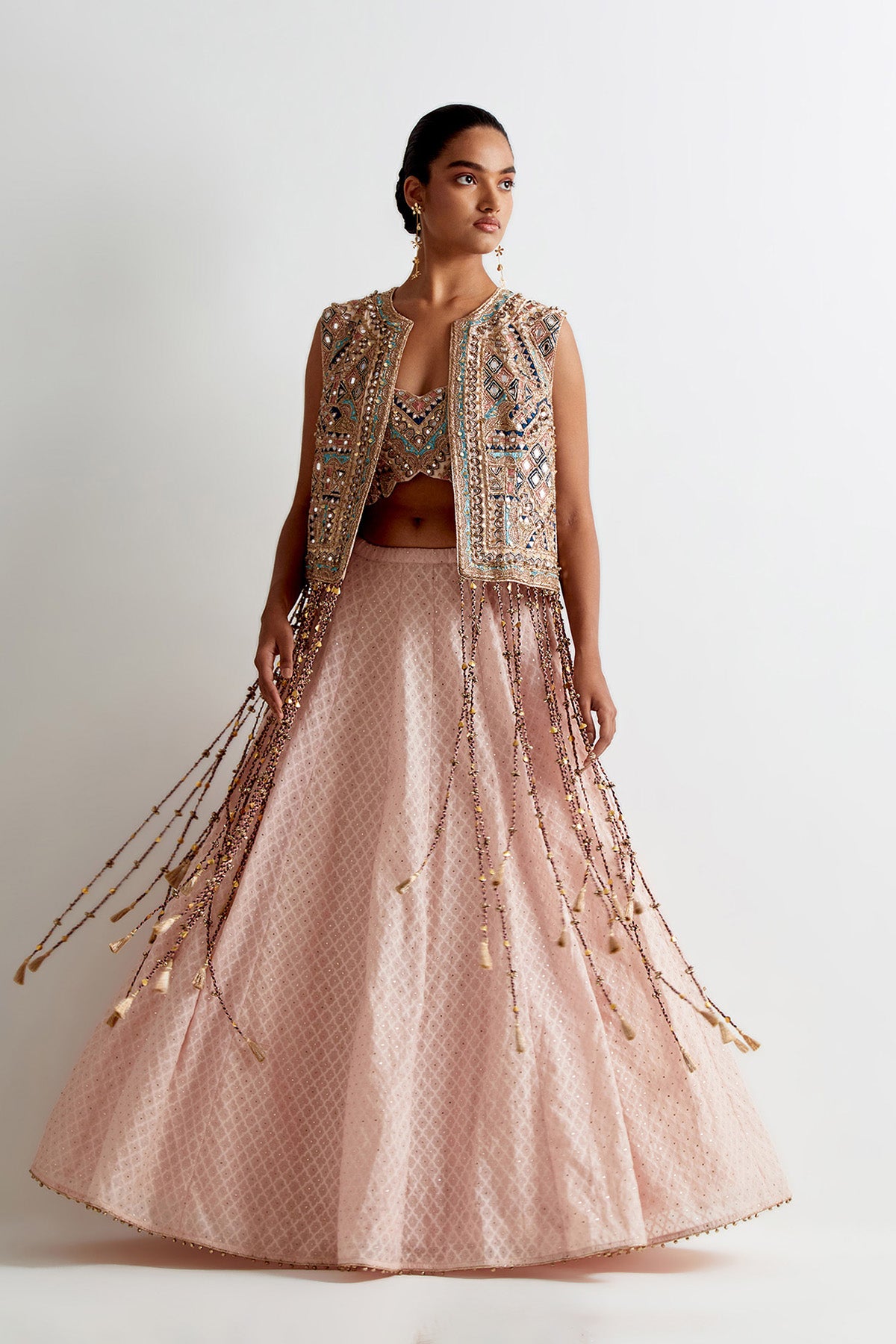 Blush Pink Georgette Embroidered Jacket And Bustier With Silk Katarwa Lehenga