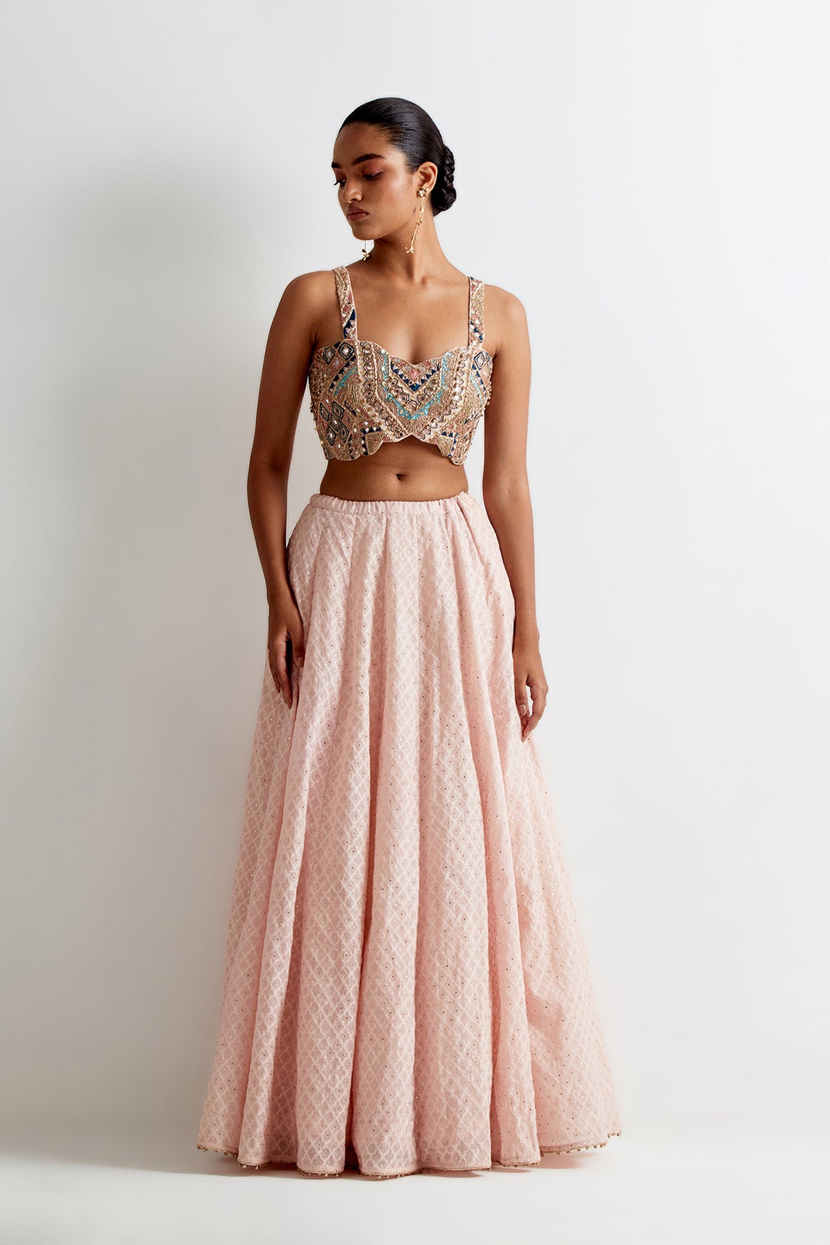 Blush Pink Georgette Embroidered Jacket And Bustier With Silk Katarwa Lehenga