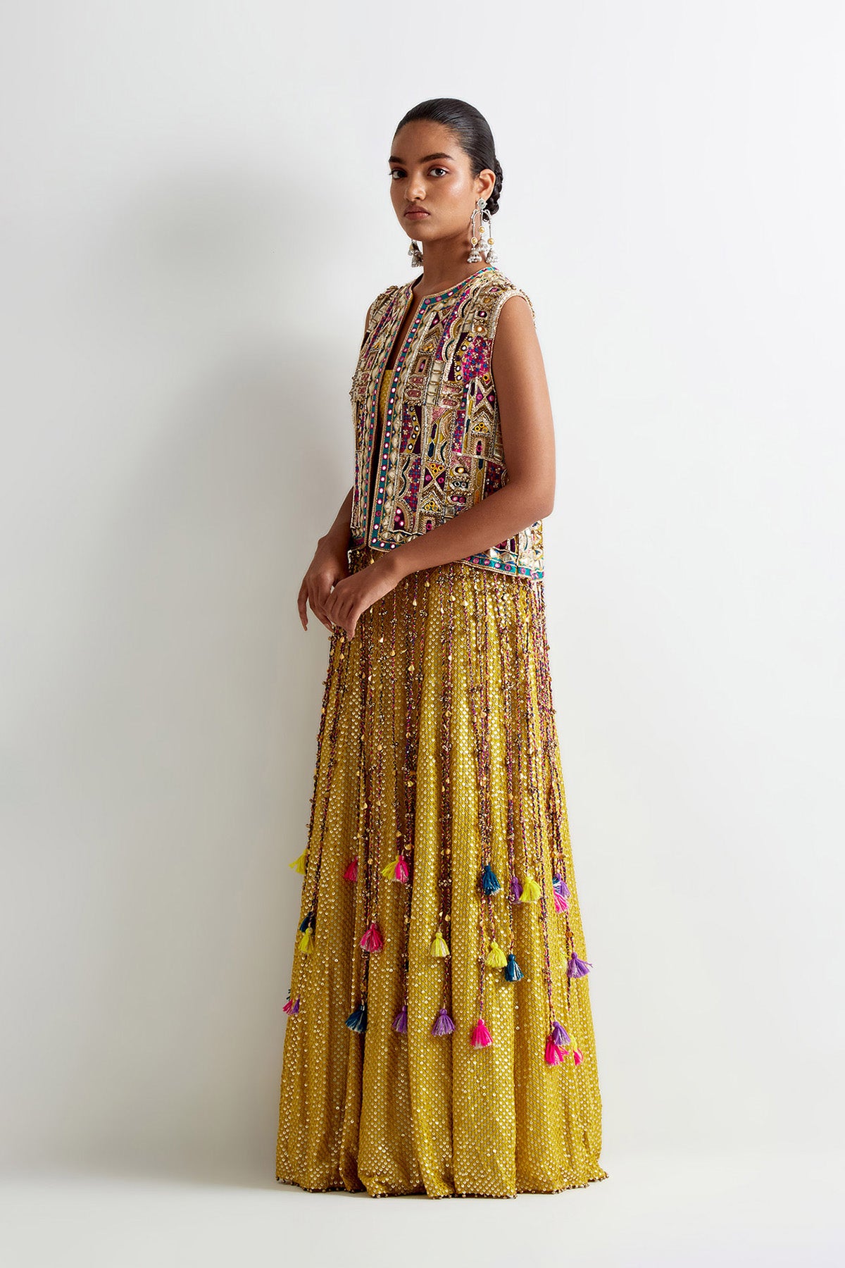 Olive Green Georgette Embroidered Jacket With Sequin Bustier And Lehenga