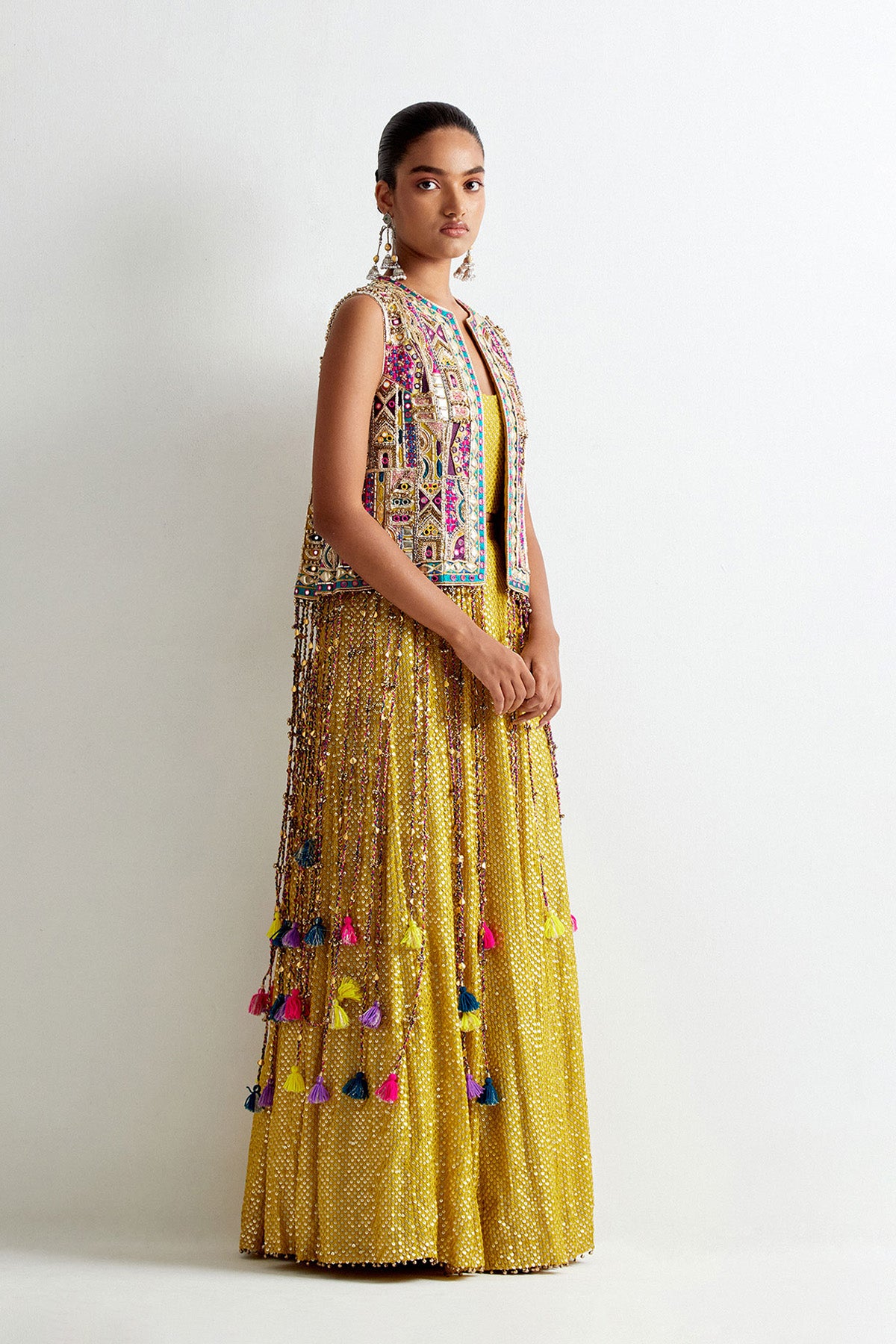 Olive Green Georgette Embroidered Jacket With Sequin Bustier And Lehenga
