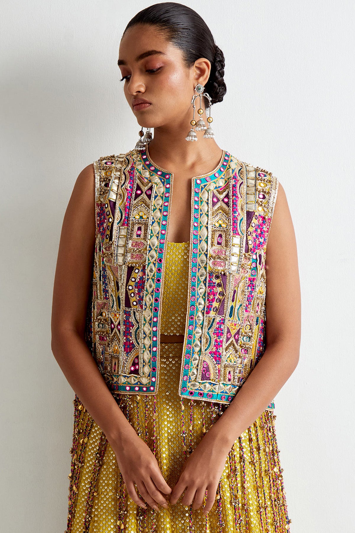 Olive Green Georgette Embroidered Jacket With Sequin Bustier And Lehenga