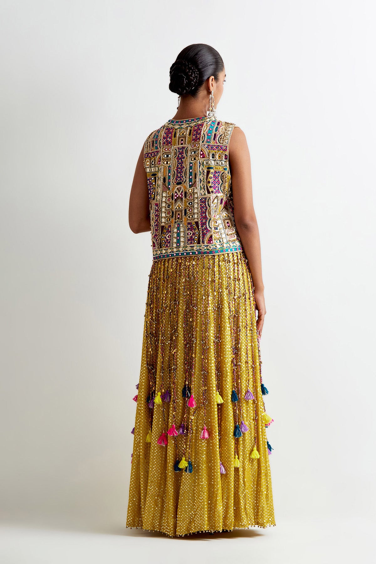 Olive Green Georgette Embroidered Jacket With Sequin Bustier And Lehenga