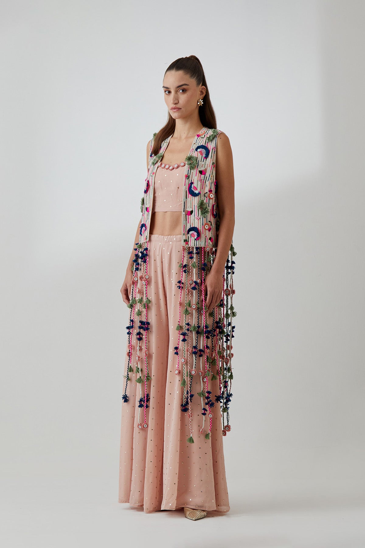 Stone Georgette Embroidered Jacket With Blush Pink Mukaish Georgette Bustier And Sharara