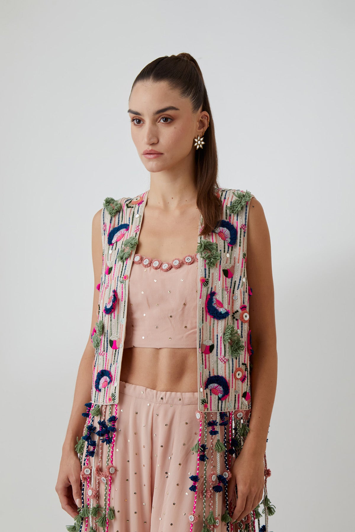 Stone Georgette Embroidered Jacket With Blush Pink Mukaish Georgette Bustier And Sharara