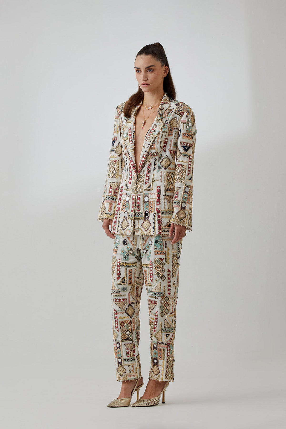 Off-White Georgette Embroidered Jacket With Pants