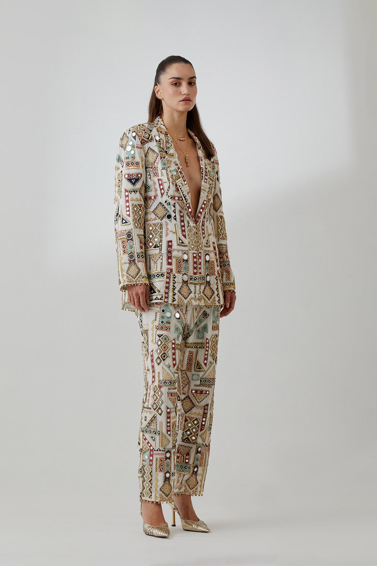 Off-White Georgette Embroidered Jacket With Pants