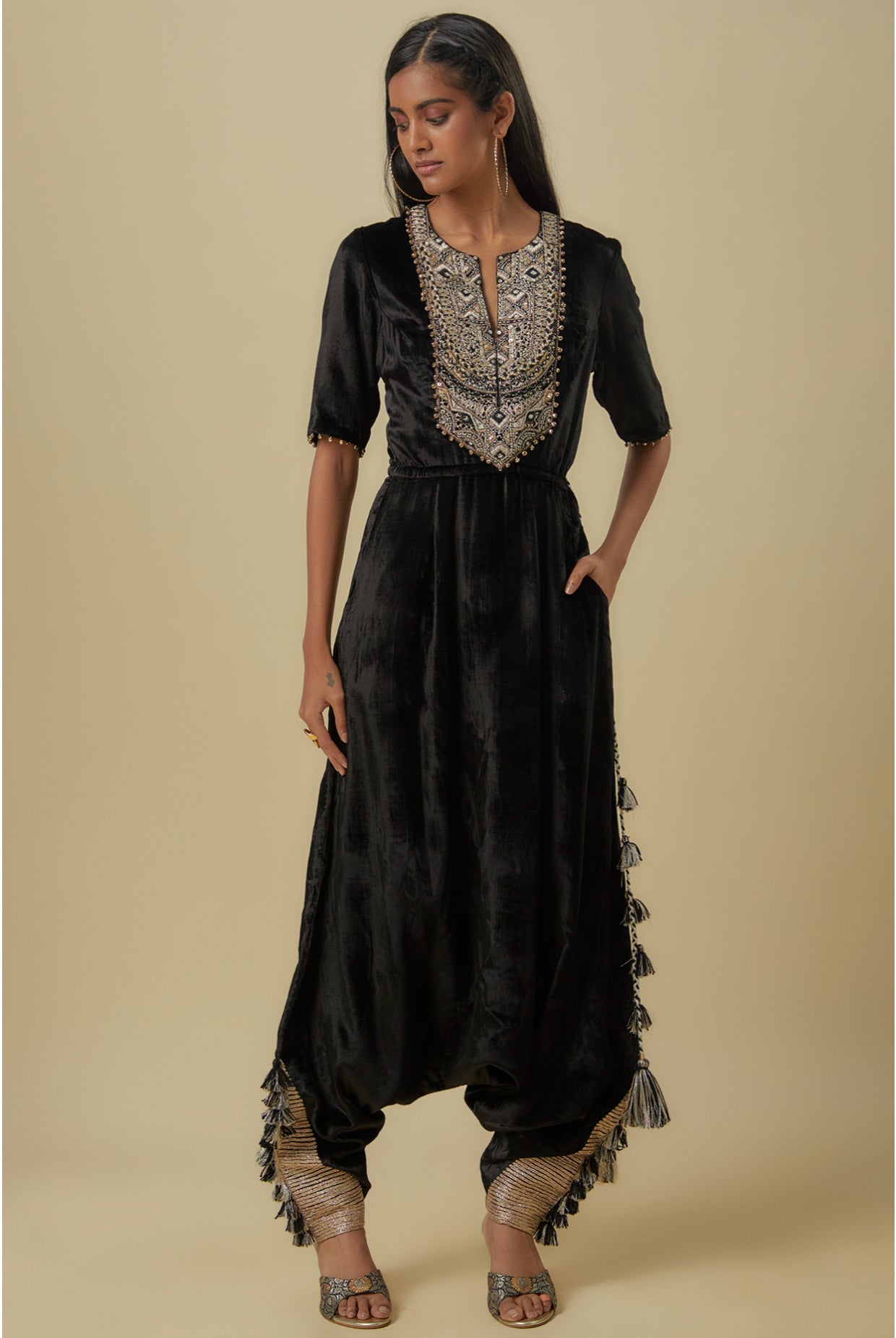Black Velvet Embroidered Yoke Low Crotch Jumpsuit.