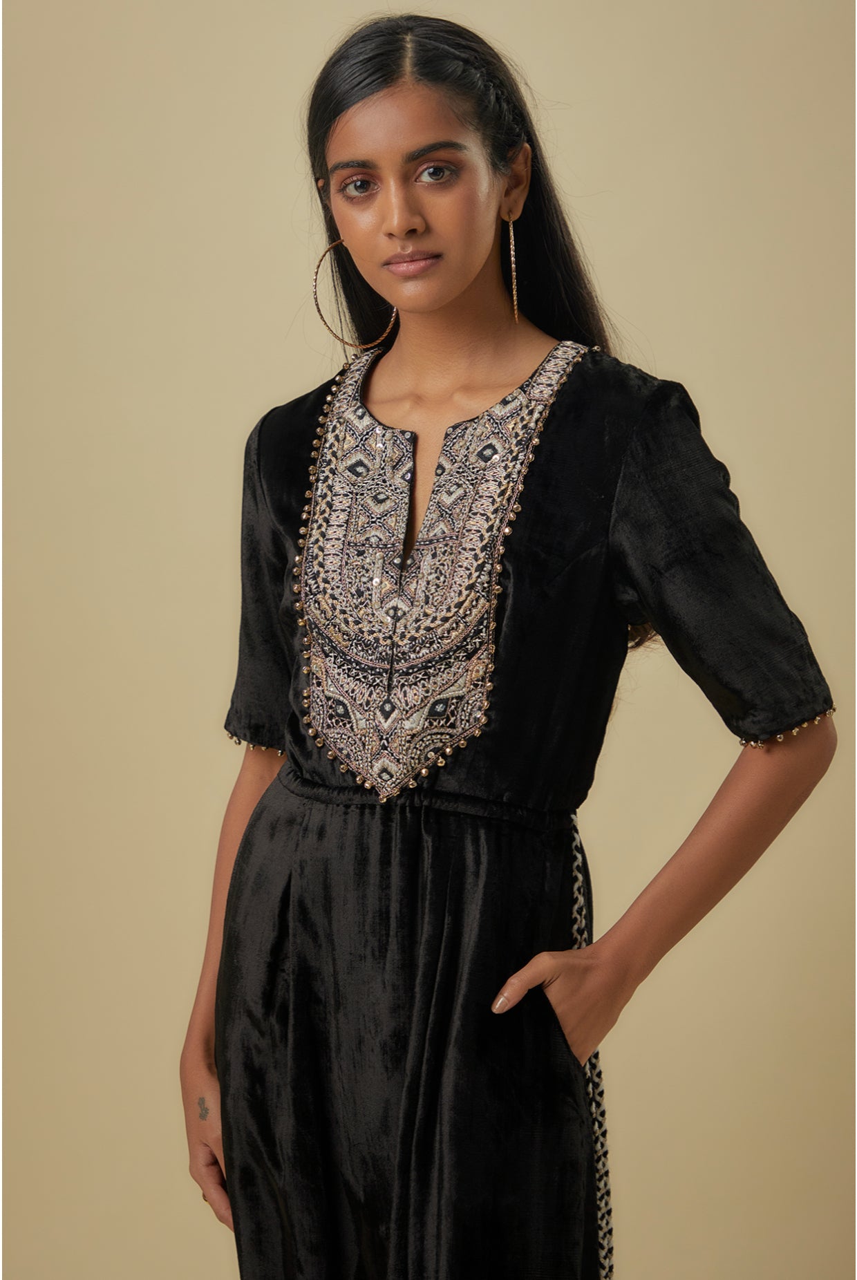 Black Velvet Embroidered Yoke Low Crotch Jumpsuit.
