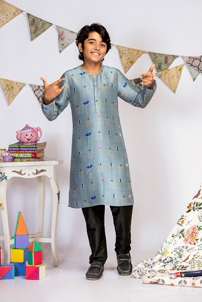 Powder Blue Printed Silk Kurta with Black Cotton Silk Churidar