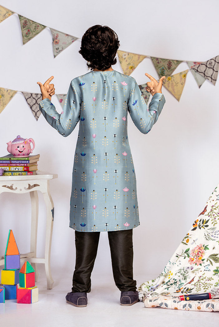 Powder Blue Printed Silk Kurta with Black Cotton Silk Churidar