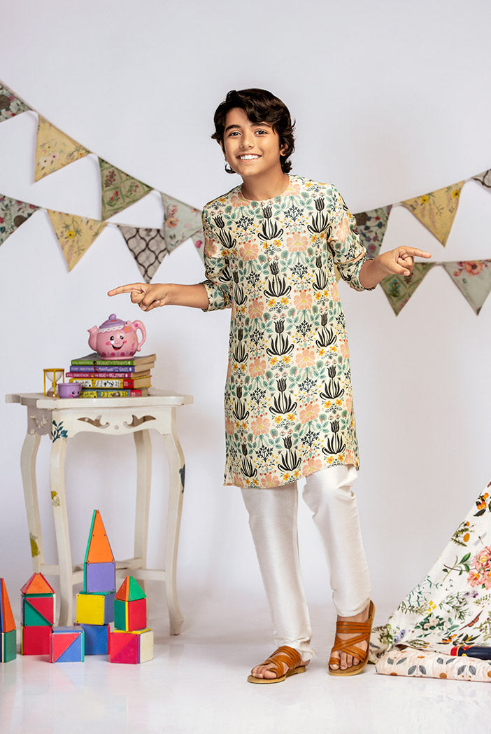 Cream Printed Silk Kurta with Off white Cotton Silk Churidar