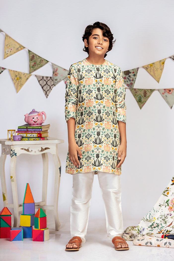 Cream Printed Silk Kurta with Off white Cotton Silk Churidar