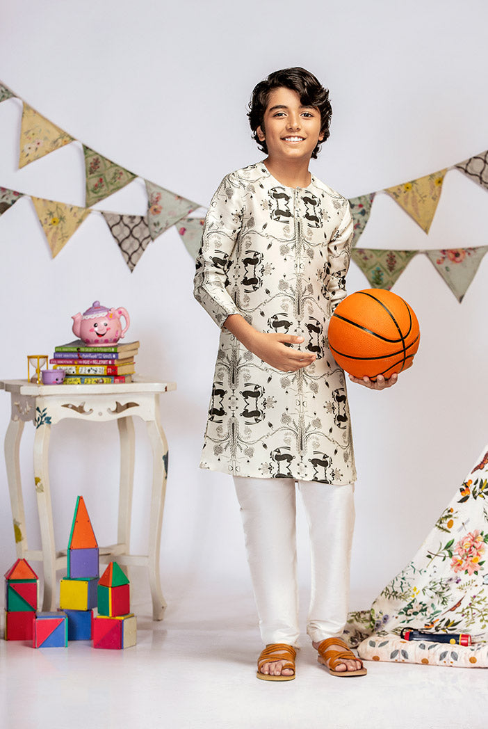 Stone Printed Silk Kurta with Off white Cotton Silk Churidar