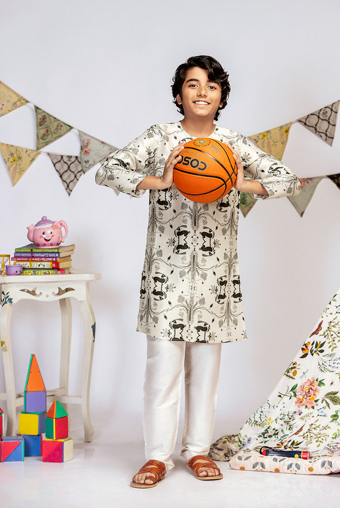 Stone Printed Silk Kurta with Off white Cotton Silk Churidar