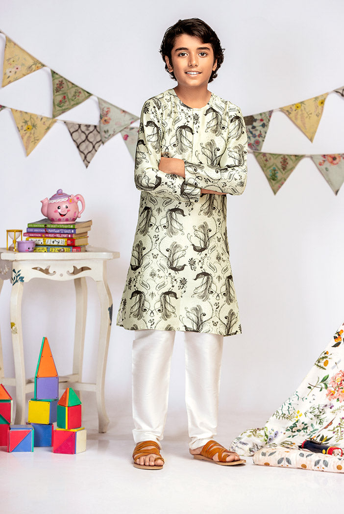 Mint Printed Silk Kurta with Off white Cotton Silk Churidar