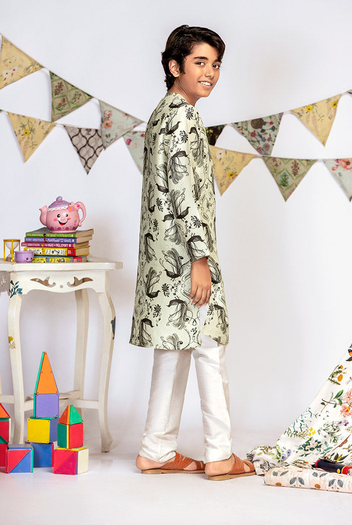 Mint Printed Silk Kurta with Off white Cotton Silk Churidar