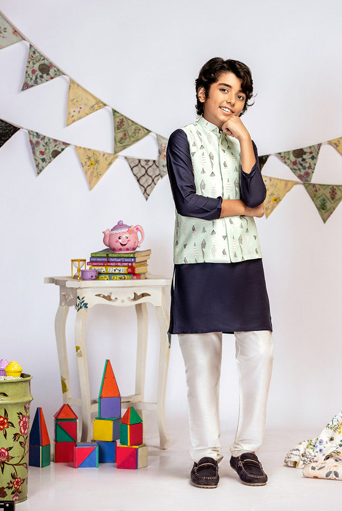 Blue Printed Silkmul Bandi with Navy Cotton Silk Kurta and Off white Cotton Silk Churidar
