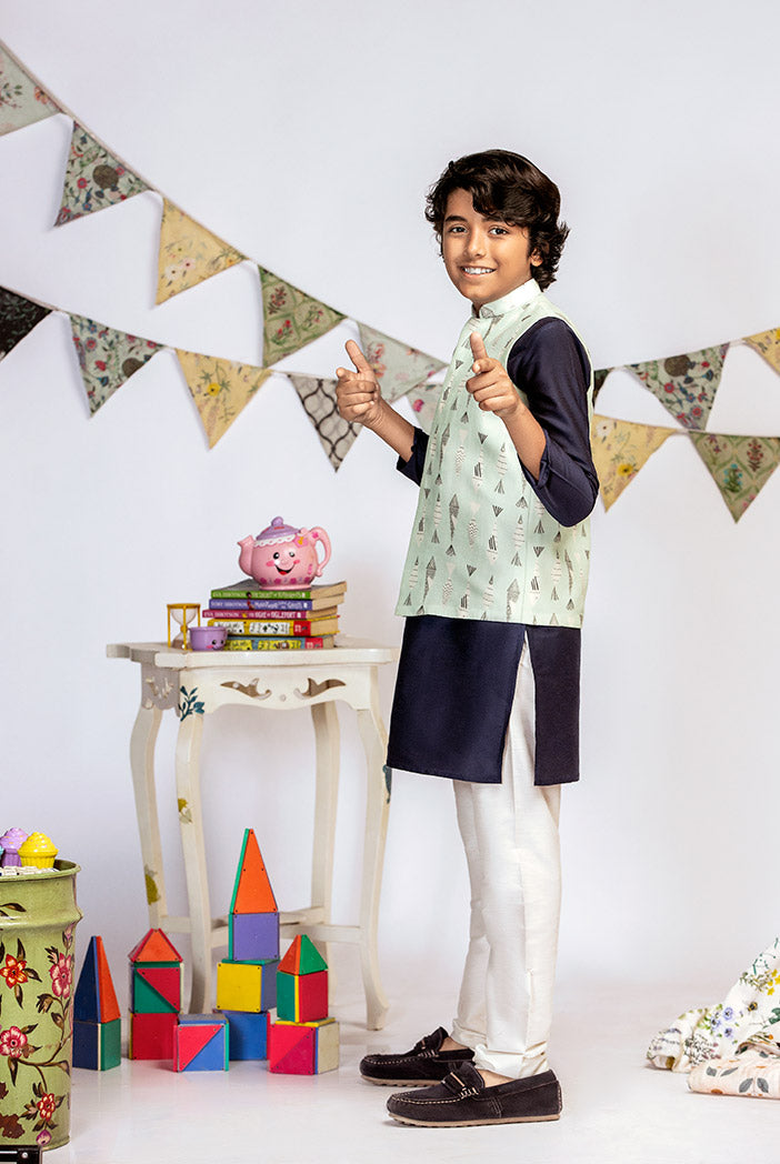 Blue Printed Silkmul Bandi with Navy Cotton Silk Kurta and Off white Cotton Silk Churidar
