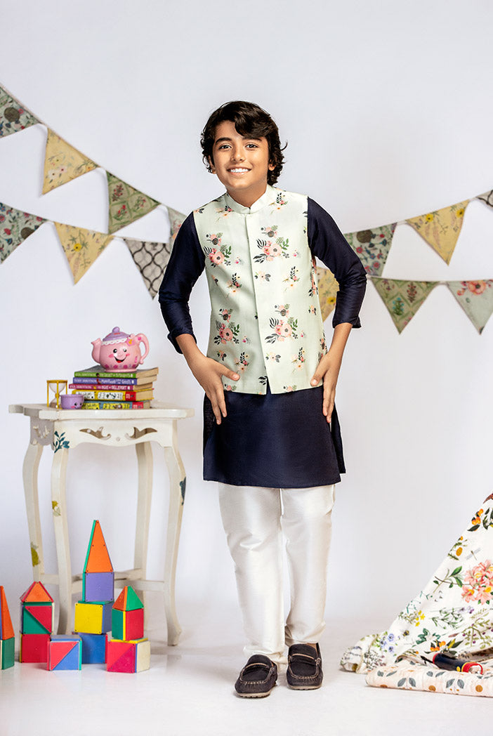 Powder Blue Printed Silkmul Bandi with Navy Cotton Silk Kurta and Off white Cotton Silk Churidar