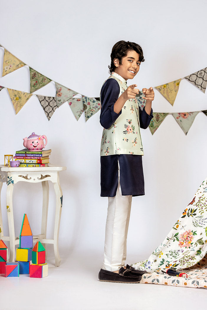 Powder Blue Printed Silkmul Bandi with Navy Cotton Silk Kurta and Off white Cotton Silk Churidar