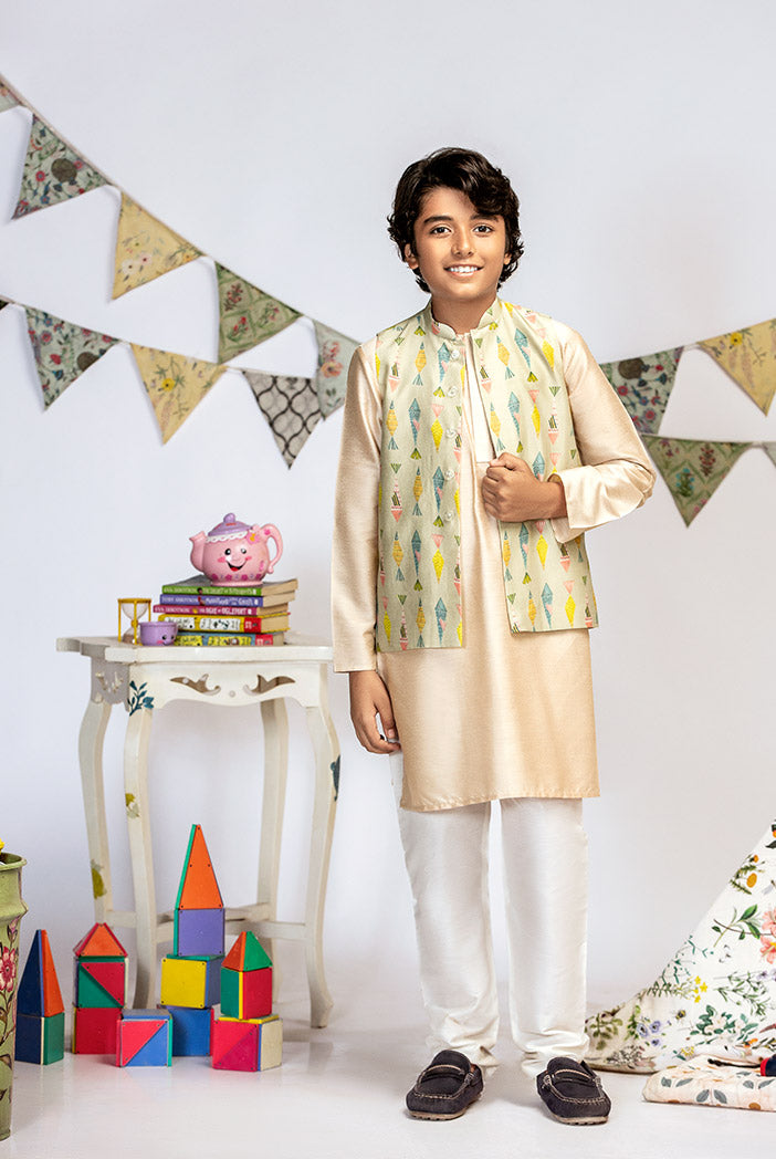 Green Printed Silkmul Bandi with Stone Cotton Silk Kurta and Off white Cotton Silk Churidar