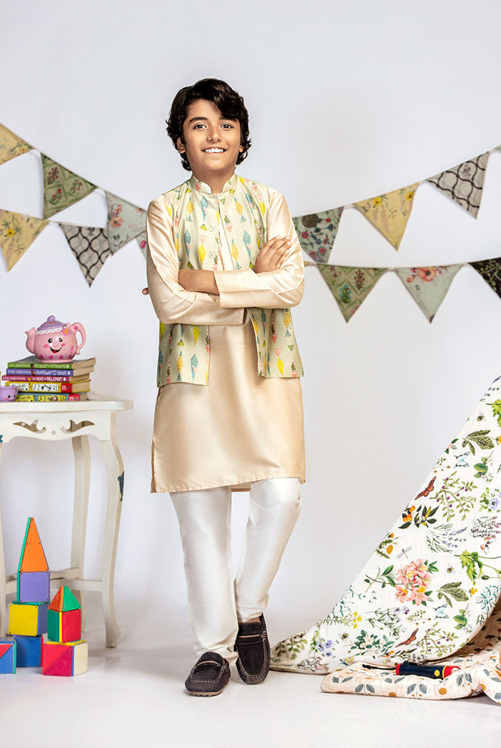 Green Printed Silkmul Bandi with Stone Cotton Silk Kurta and Off white Cotton Silk Churidar