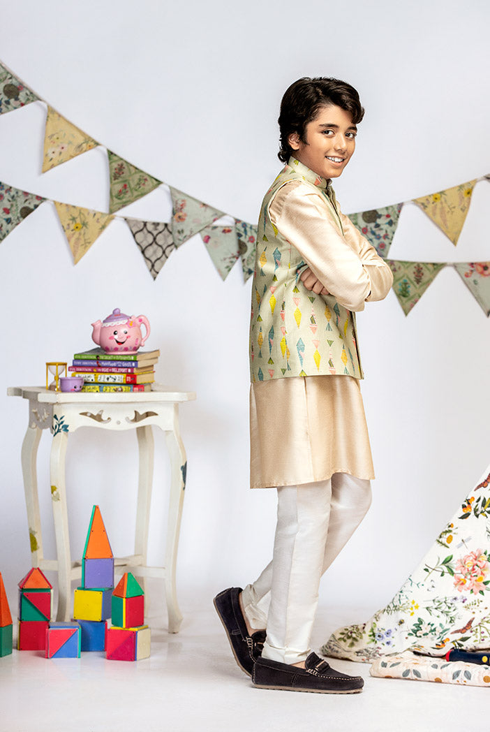 Green Printed Silkmul Bandi with Stone Cotton Silk Kurta and Off white Cotton Silk Churidar