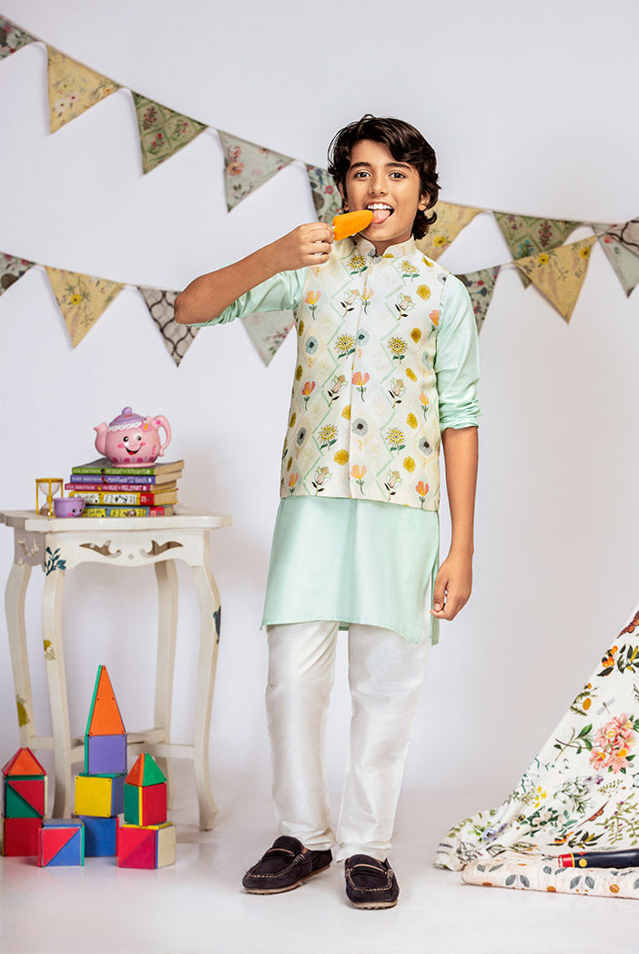 Cream Printed Silkmul Bandi with Aqua Cotton Silk Kurta and Off white Cotton Silk Churidar