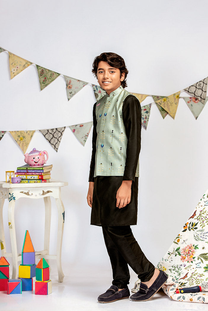 Green Printed Silkmul Bandi with Black Cotton Silk Kurta and Black Cotton Silk Churidar