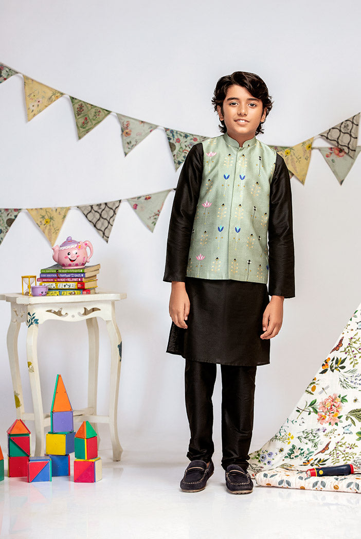 Green Printed Silkmul Bandi with Black Cotton Silk Kurta and Black Cotton Silk Churidar